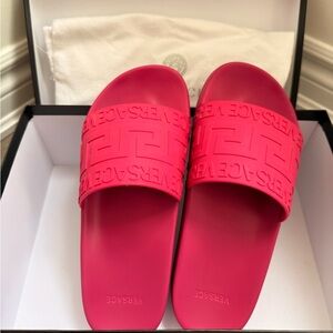 Authentic Versace Rubber Pool Slides in the "La Greca - Fuchsia"